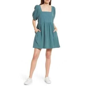 Madewell Lightspun Square-Neck Puff-Sleeve Dress Faded Shale Size S